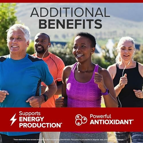 Group of people jogging, highlighting supplement benefits for energy and antioxidants.