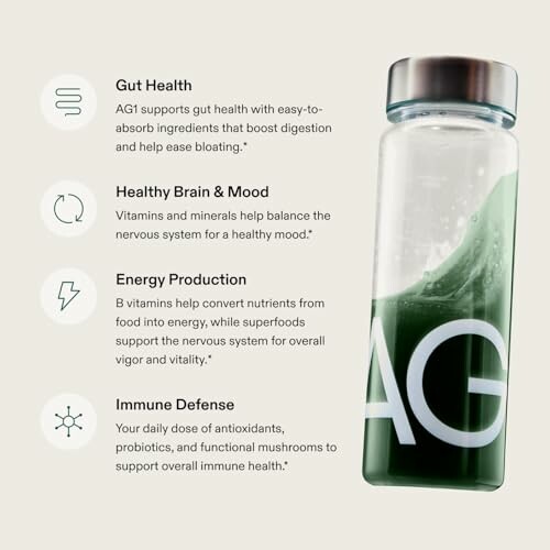 AG1 supplement bottle with health benefits listed.