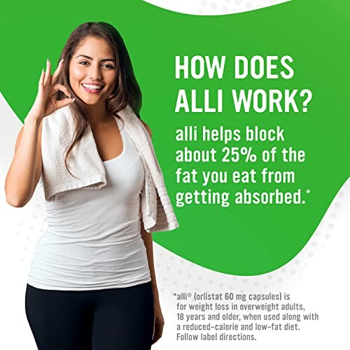 Smiling woman with towel showing OK sign next to Alli weight loss aid text.