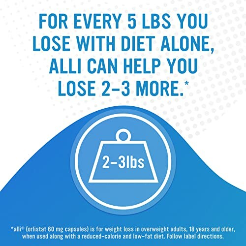 Alli weight loss aid claim on blue background.