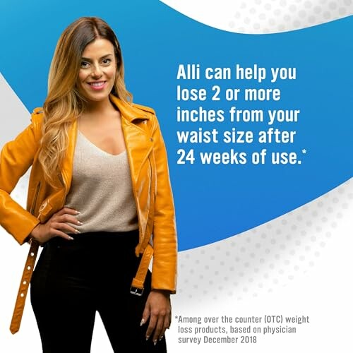 Smiling woman with text about Alli weight loss benefits.