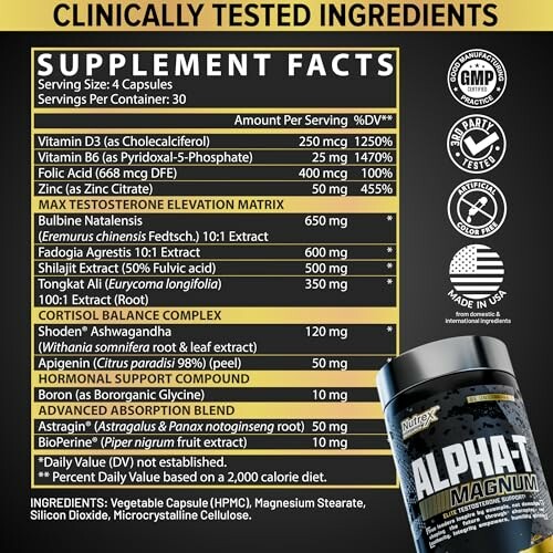 Alpha testosterone supplement facts and ingredients list.