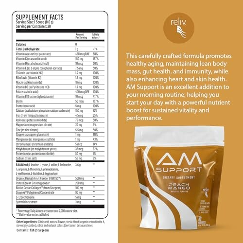 Reliv AM Support supplement packaging with nutritional information and product description.