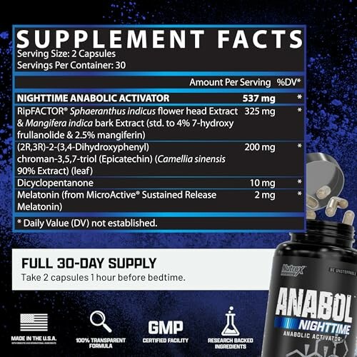 Supplement facts for Anabol Nighttime capsules, 30-day supply.