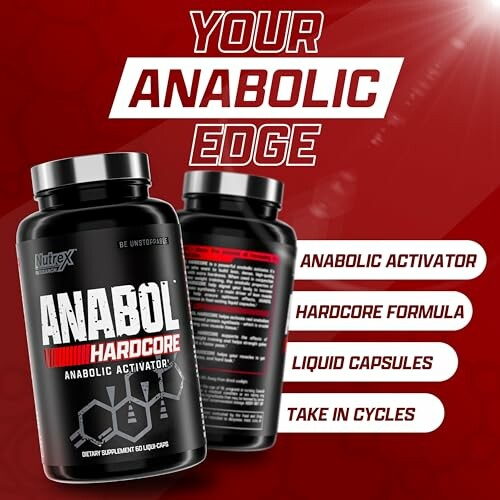 Anabolic Hardcore supplement bottles with features listed.