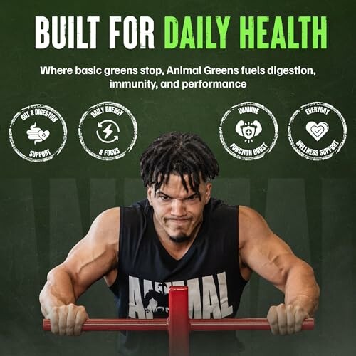 Promotional image for Animal Greens supplement highlighting daily health benefits.