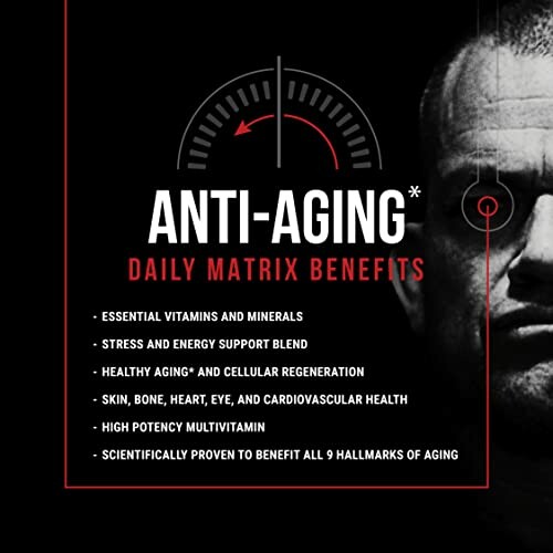 Anti-aging supplement benefits list with essential vitamins and minerals.
