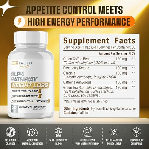 Supplement bottle with label and nutritional facts.