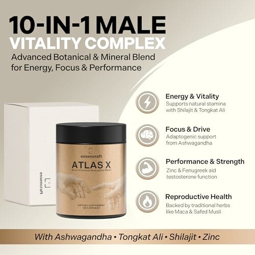 Atlas X male vitality complex supplement with ingredients like Ashwagandha and Shilajit for energy and performance.