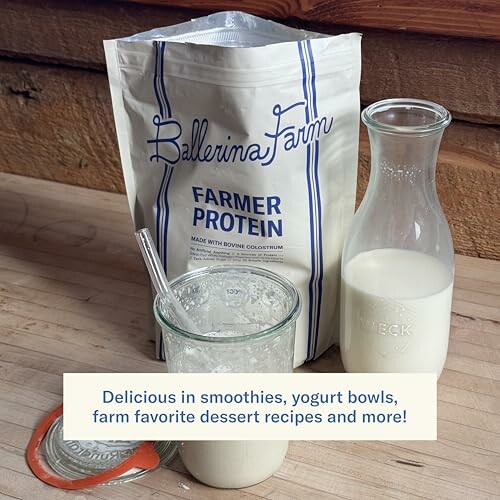 Ballerina Farm Farmer Protein with milk and a glass jar.