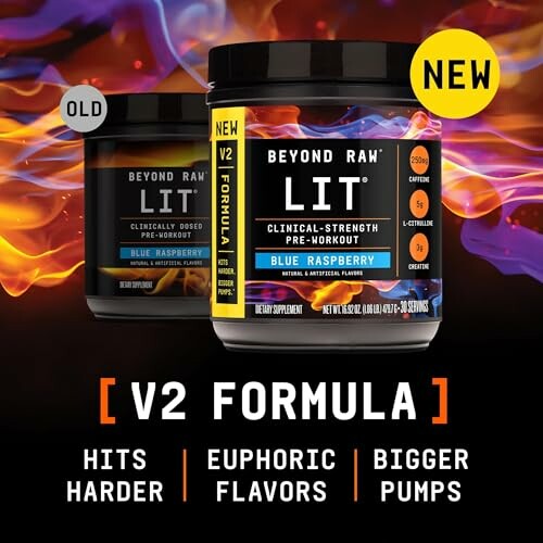 Beyond Raw LIT pre-workout supplement, new V2 formula, blue raspberry flavor.