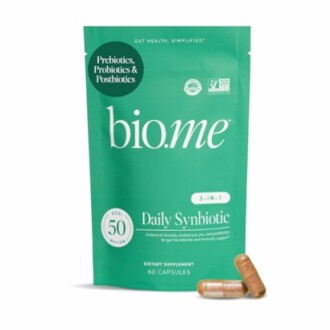Biome daily synbiotic supplement package with capsules.