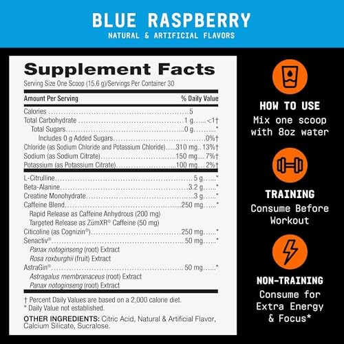 Blue Raspberry supplement facts and usage instructions.