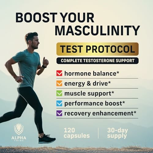 Man jogging with testosterone support supplement benefits listed.