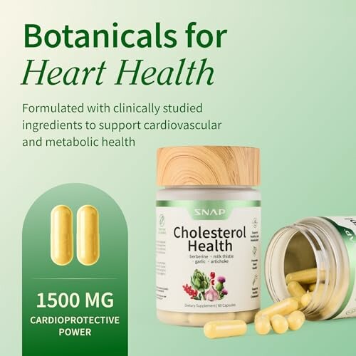 Botanicals for heart health supplement with capsules and bottle.