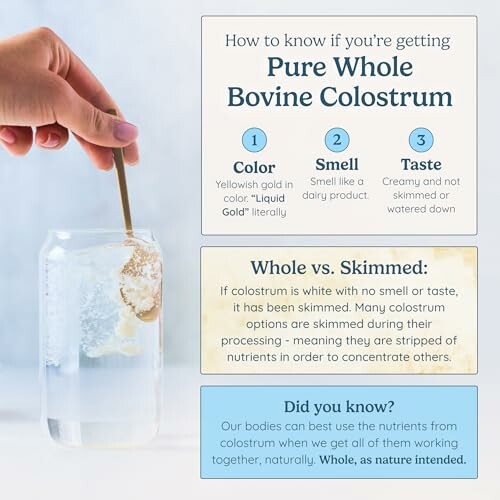 Guide on identifying pure whole bovine colostrum with tips on color, smell, and taste.