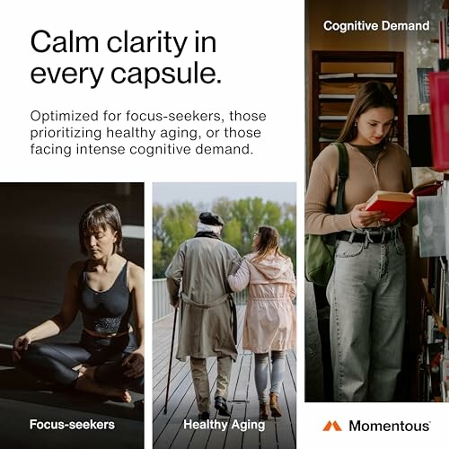 Advertisement for capsules with images of meditation, elderly walking, and reading.