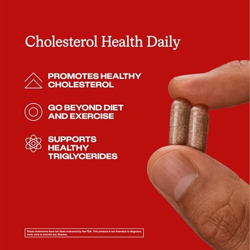 Hand holding capsules with cholesterol health benefits listed.