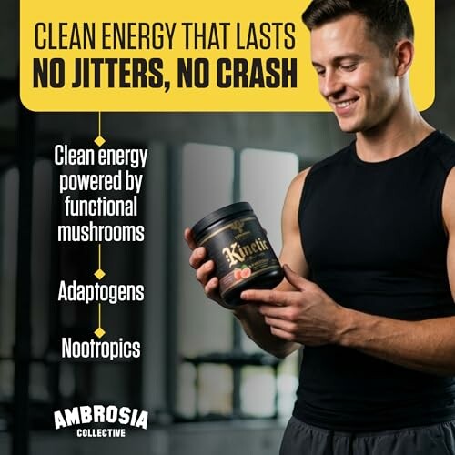 Man holding a container of clean energy supplement with text highlighting benefits like no jitters, no crash, functional mushrooms, adaptogens, and nootropics.
