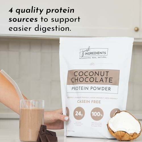 Coconut chocolate protein powder with drink and coconut.