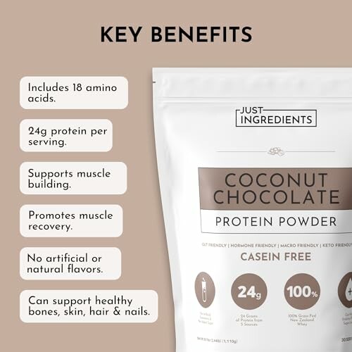 Coconut chocolate protein powder benefits and packaging.