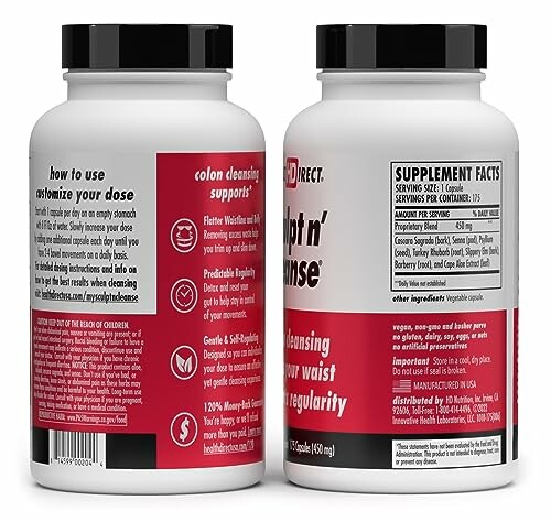 Two bottles of colon cleansing supplement with labels detailing usage and ingredients.