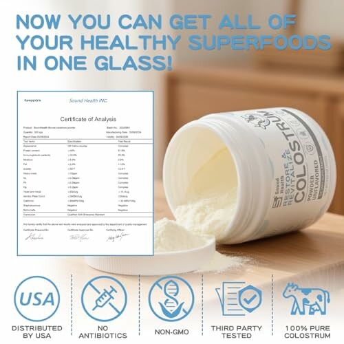 Colostrum powder supplement with certificate of analysis and benefits icons.