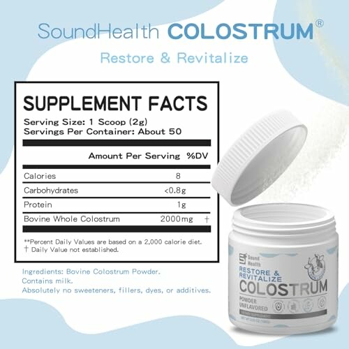 Colostrum supplement facts with product jar.