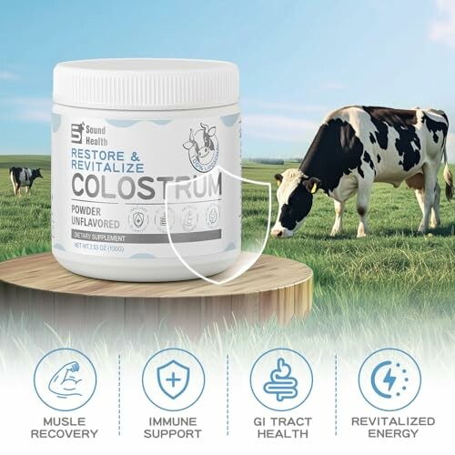 Colostrum supplement jar with cows in a field background.
