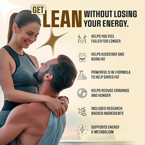 Couple promoting fitness benefits and energy support.