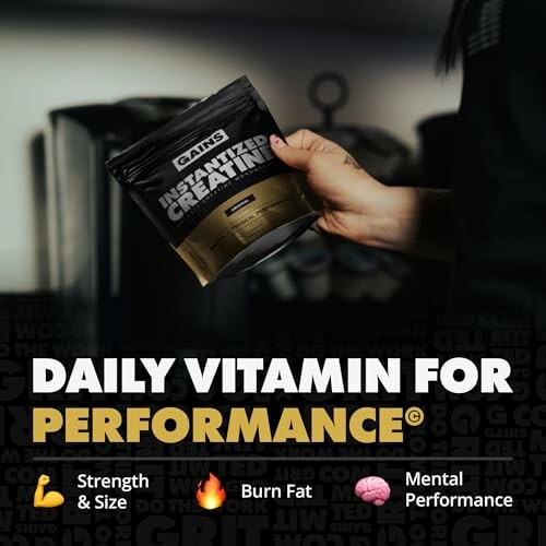 Creatine supplement package promoting performance benefits.