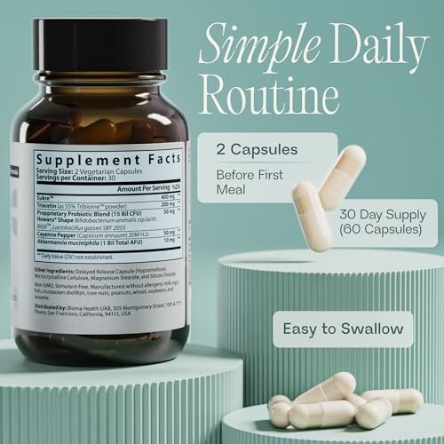 Bottle of supplements with capsules and dosage instructions.