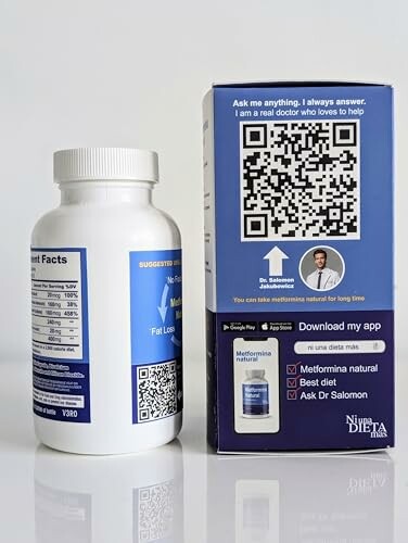 Dietary supplement bottle and box with QR codes and product details.