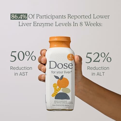 Hand holding a Dose liver health drink bottle.