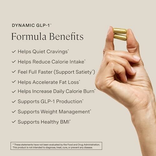 Hand holding capsules with Dynamic GLP-1 formula benefits listed.