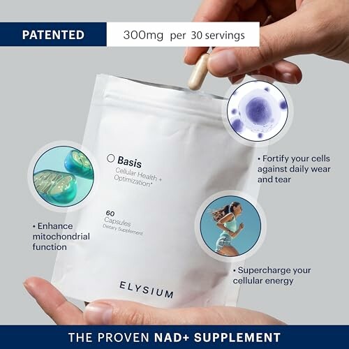 Elysium Basis supplement package with benefits highlighted.