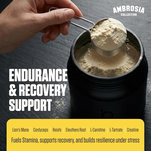Supplement powder being scooped from a container with text about endurance and recovery support.
