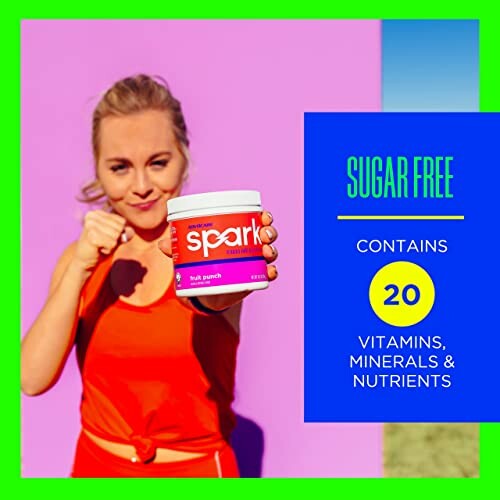 Woman holding a container of sugar-free energy drink supplement against a colorful background.