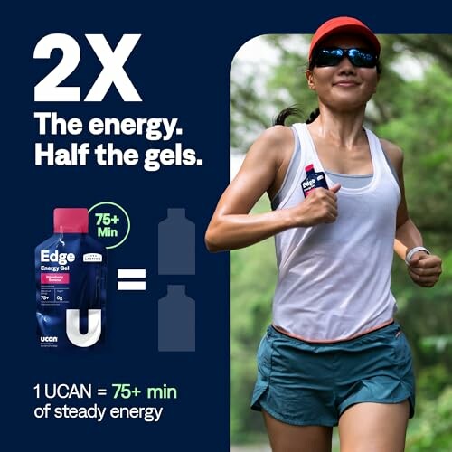 Runner holding energy gel with text '2X the energy. Half the gels.'