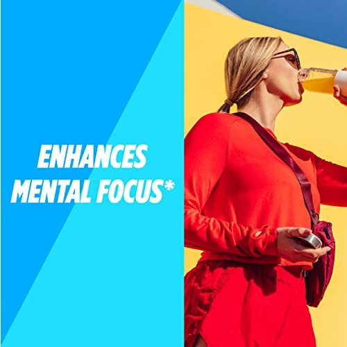 Person in red drinking from a bottle with 'Enhances Mental Focus' text.