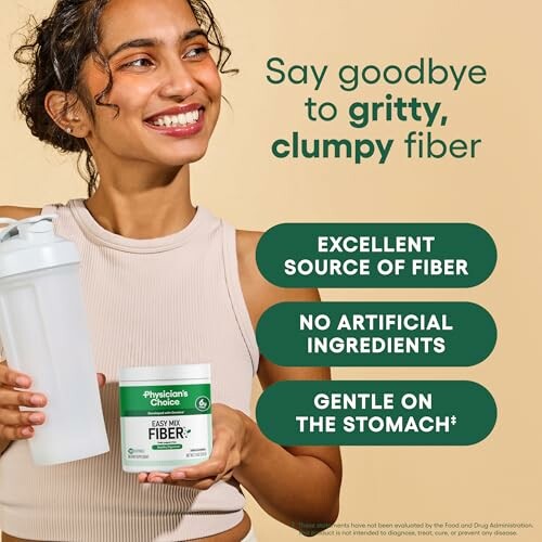 Woman holding a shaker and fiber supplement promoting its benefits.