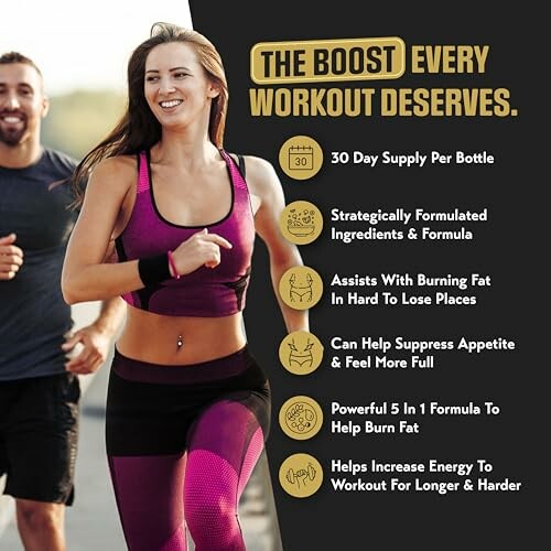 Woman jogging with supplement benefits list.