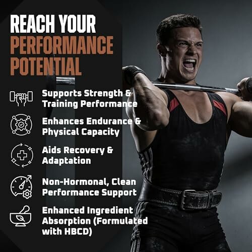Man lifting barbell with performance supplement benefits listed.
