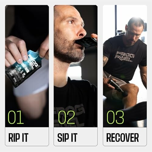 Three steps to using Frog Fuel: Rip It, Sip It, Recover.