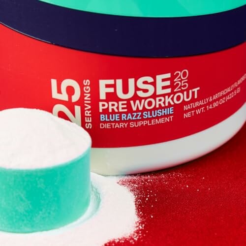 Fuse 2025 Pre-Workout Blue Razz Slushie dietary supplement container with powder scoop