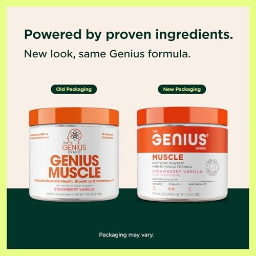 Comparison of old and new Genius Muscle supplement packaging.