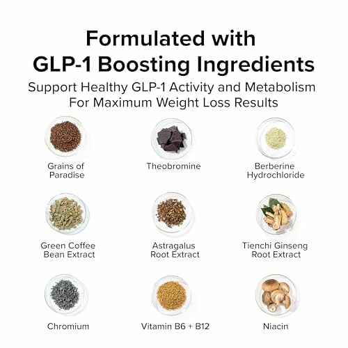 Ingredients for GLP-1 boosting: grains of paradise, theobromine, berberine hydrochloride, green coffee bean extract, astragalus root extract, tienchi ginseng root extract, chromium, vitamin B6 and B12, niacin.