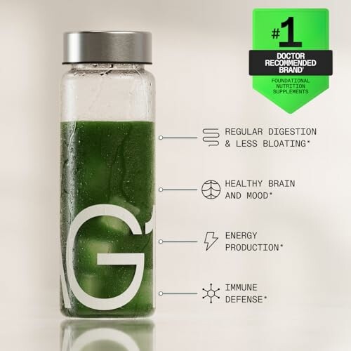 Green supplement drink in a bottle with health benefits listed.