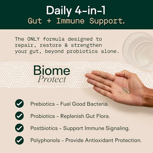 Gut and immune support supplement information with benefits listed.