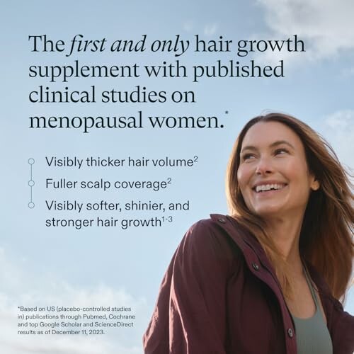 Smiling woman with text about hair growth supplement for menopausal women.